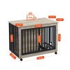 Furniture Style Dog Crate Side Table With Feeding Bowl, Wheels, Three Doors, Flip-Up Top Opening. Indoor, Grey, 38.58"W x 25.2"D x 27.17"H